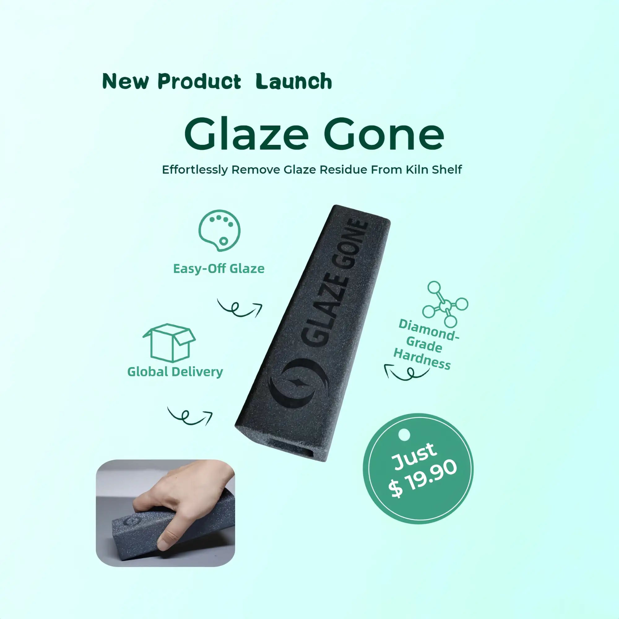 Black rectangular glaze gone tool with embossed branding and a textured surface for removing glaze residue from kiln shelves.